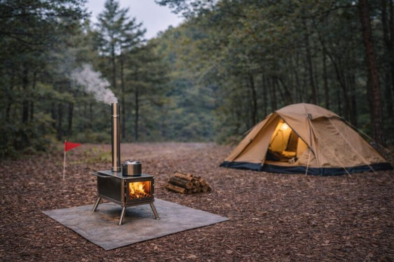 風向きを見て薪ストーブの置き場所を決め、煙がテントに流れないよう工夫している。