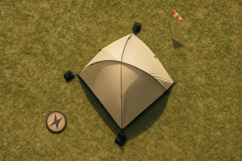 風向・張り綱・ウェイト配置を俯瞰で示した、テントの“風に負けない”設営チェックポイント。