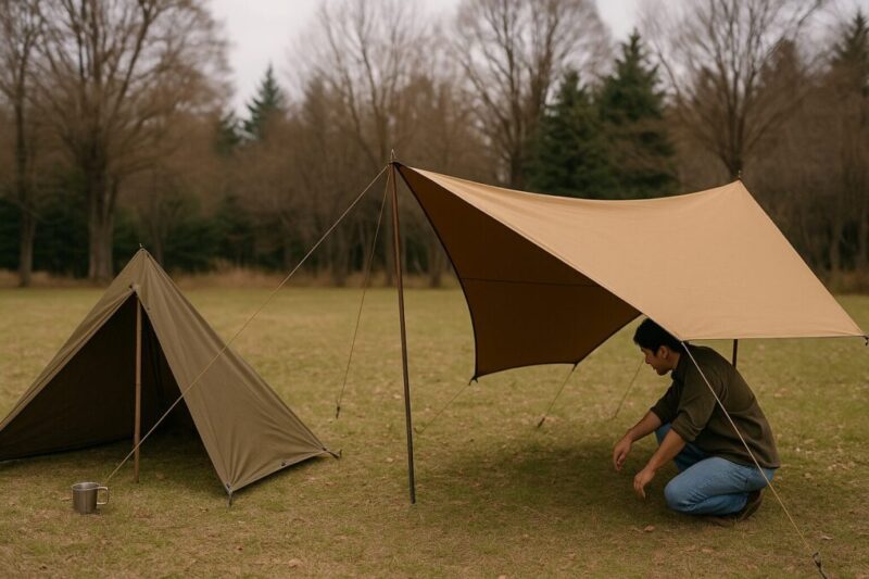 風除け重視の軍幕Aフレと、作業性・視界に優れるマンタフライの違いを同一環境で示す比較写真。