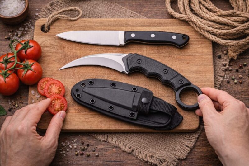 食材カットなどで刃形の向き不向きを比べるイメージ