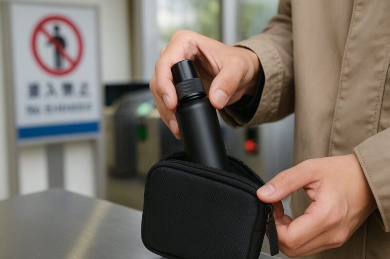 駅の改札前で無地スプレーをポーチへしまう日本人の手元。公共施設での持ち込み注意を示唆するシーン