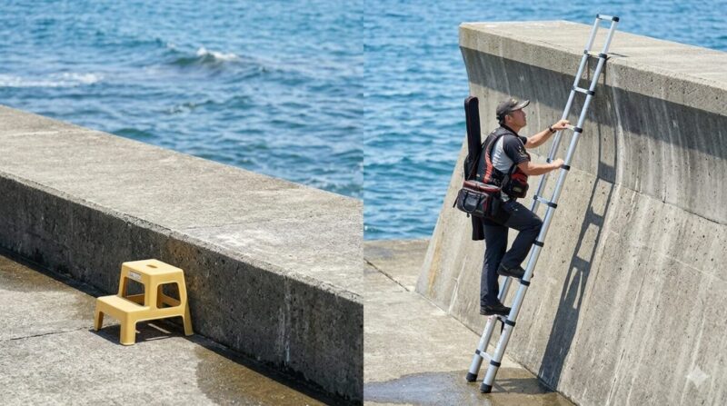 高い護岸と低い段差で必要な昇降手段の違い。