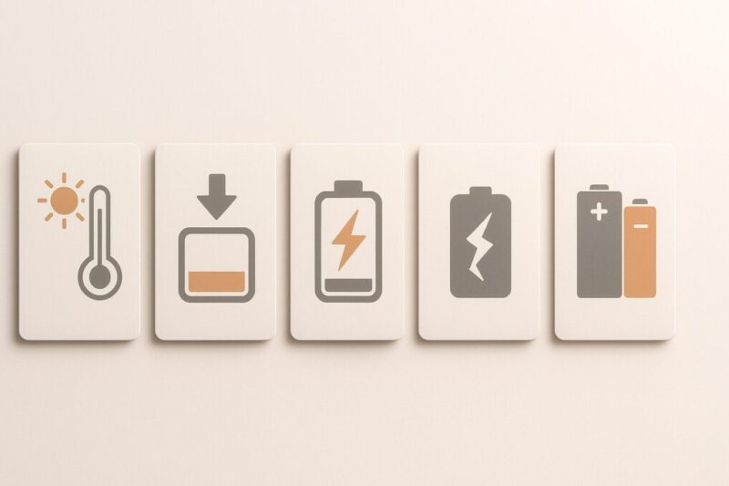 高温・過放電・過充電・損傷・混用の5要因をアイコンで並べたインフォグラフィックイメージ