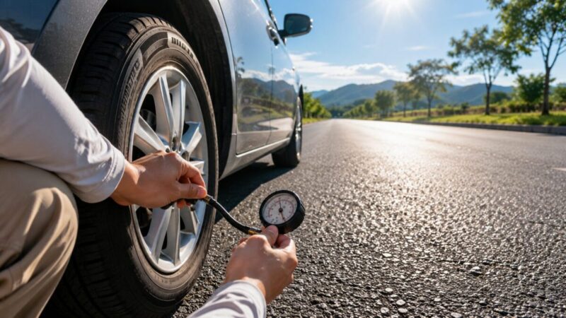 高温路面で車のタイヤ空気圧を確認する手元