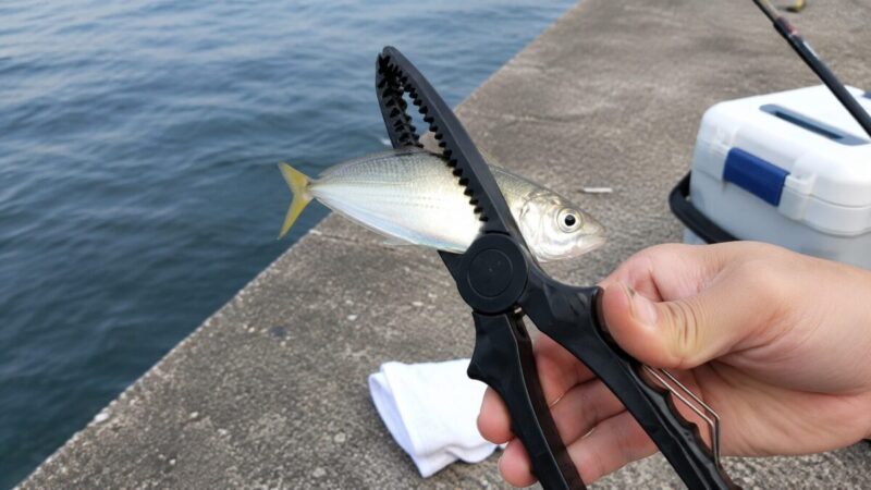 魚つかみで小型魚を上下から挟み、トゲやぬめりを避けて扱う様子
