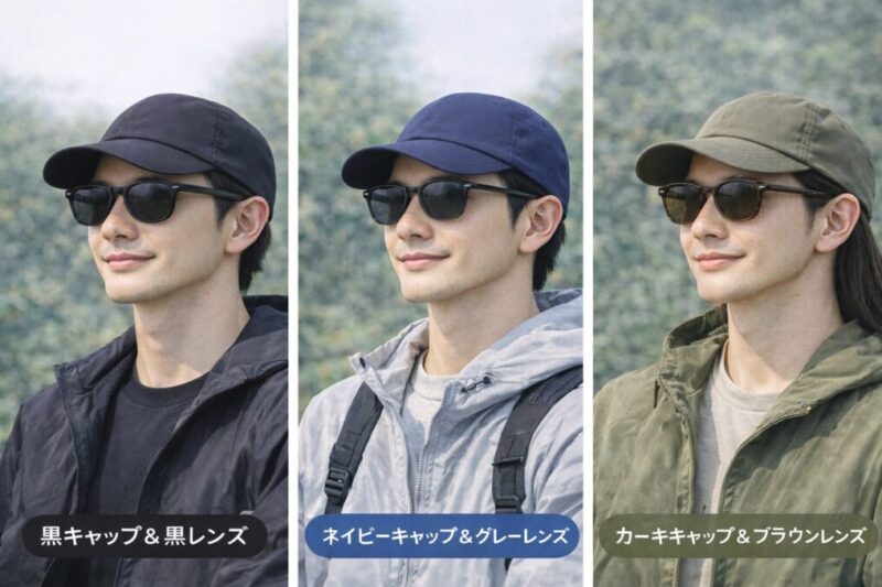 黒、ネイビー、カーキのキャップに異なるレンズ色のサングラスを合わせた男性コーデの比較イメージ