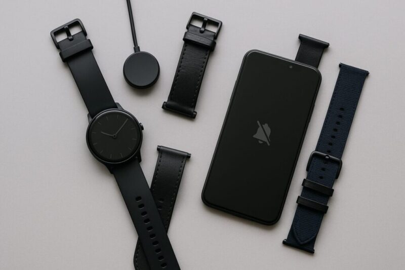 黒い丸型スマートウォッチ（黒アナログ・低輝度）＋充電パック＋レザーナイロンの替えバンド＋サイレント状態のスマホイメージ