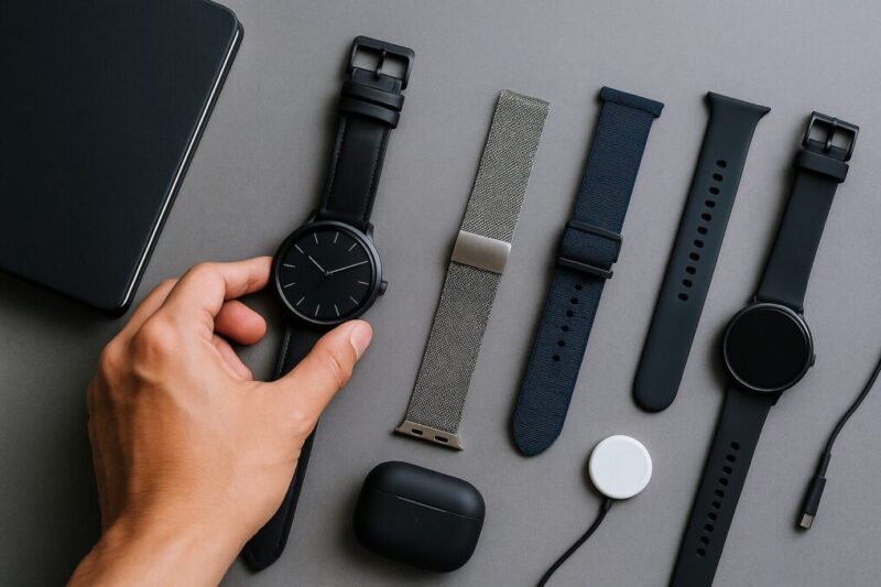 黒アナログの薄型スマートウォッチを中心に配置し、周囲に黒レザー／マットメッシュ／濃紺ナイロンの交換バンドと充電パックを整然と並べた構図イメージ