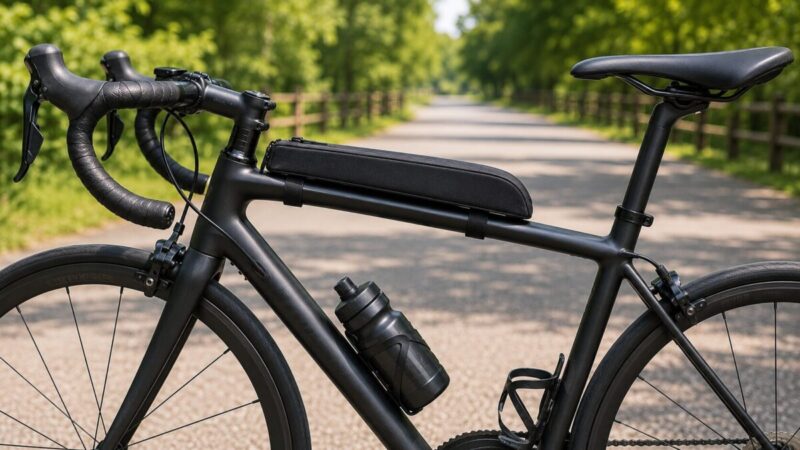 黒系の薄型トップチューブバッグをロードバイクにすっきり装着したイメージ