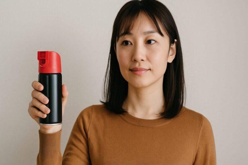 日常携行を想定し、無地の熊よけスプレーを胸の高さで持つ日本人女性の半身写真